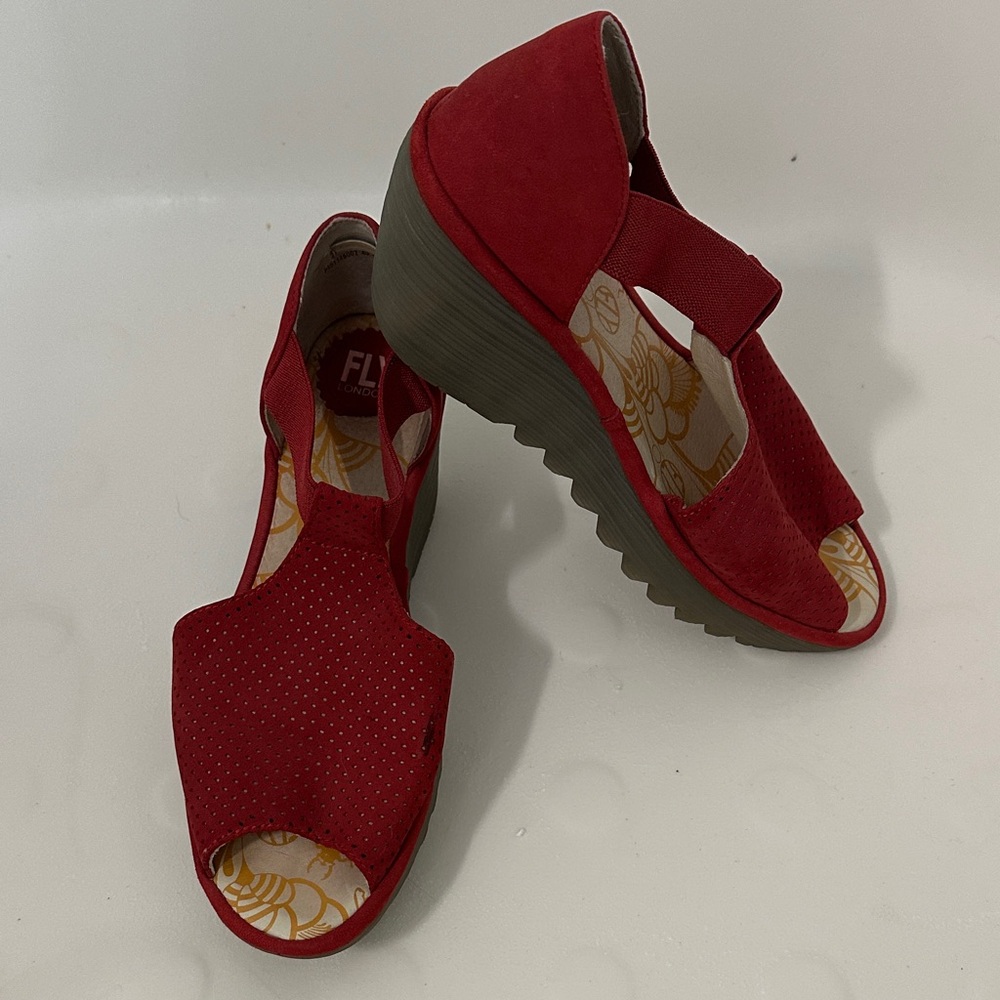 Fly London Red Suede Wedge Sandals
